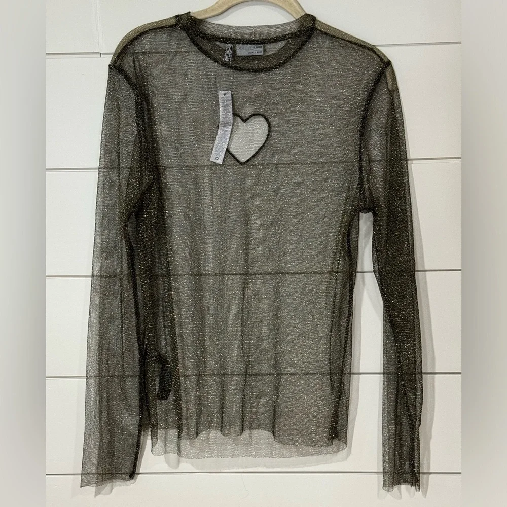 ASOS DESIGN Skinny Long Sleeve T-Shirt in Metallic Mesh w/ Heart Cut Out Size M - Picture 5 of 5